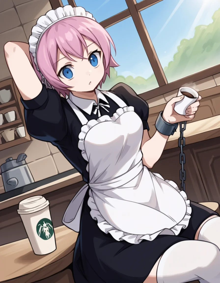 score_9, score_8_up, score_7_up, source_anime, <lora:fairytail-virgo-s7-ponyxl-lora-nochekaiser:1>,, maid virgo, short hair, bangs, blue eyes, pink hair, thighhighs, dress, short sleeves, shoes, puffy sleeves, black footwear, apron, black dress, white thighhighs, puffy short sleeves, zettai ryouiki, maid, maid headdress, white apron, maid apron, cuffs, enmaided, handcuffs,, cafe, coffee cup, barista, sitting down, talking, relaxing, sunlight through window, , , hand behind head, solo,, cowboy shot, dutch angle