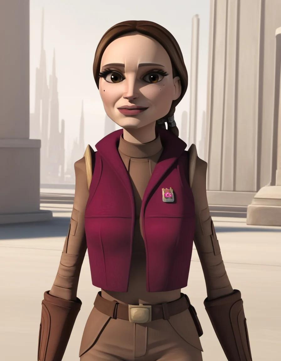 score_9, score_8_up, score_7_up, source_anime,
<lora:clonewars-padme-amidala-s3-ponyxl-lora-nochekaiser:1>, padme amidala, brown hair, brown eyes, realistic, mole, mole under eye, long hair, lips, 3d,
low-tied ponytail, braided ponytail, gloves, shirt, brown shirt, long sleeves, belt, pants, vest, pink vest, brown pants, open vest,
outdoors, smile,
looking at viewer, cowboy shot, dutch angle, solo,