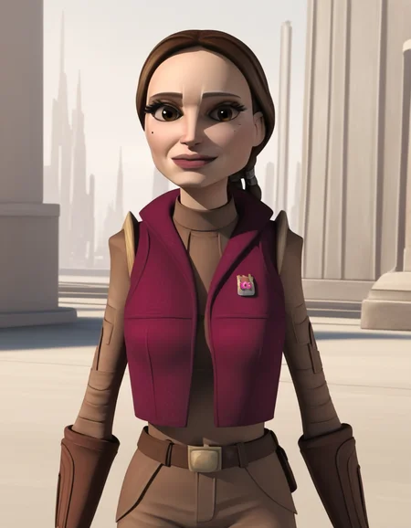 score_9, score_8_up, score_7_up, source_anime,
<lora:clonewars-padme-amidala-s3-ponyxl-lora-nochekaiser:1>, padme amidala, brown hair, brown eyes, realistic, mole, mole under eye, long hair, lips, 3d,
low-tied ponytail, braided ponytail, gloves, shirt, brown shirt, long sleeves, belt, pants, vest, pink vest, brown pants, open vest,
outdoors, smile,
looking at viewer, cowboy shot, dutch angle, solo,