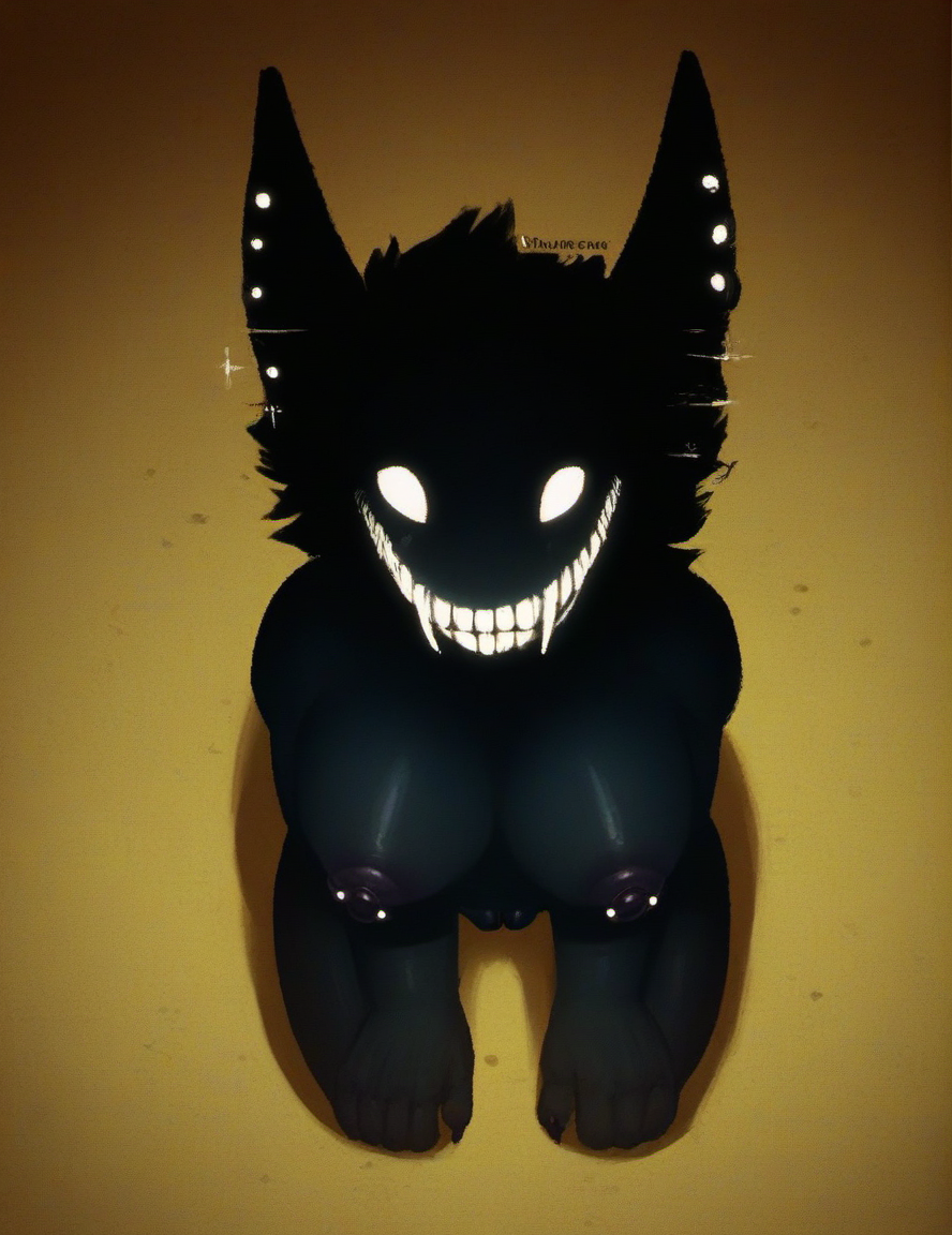 zPDXL, score_9, score_8_up, score_7_up, score_6_up, score_5_up, score_4_up, BREAK <lora:Smiler_Backrooms_for_PonyXL:1>, sm1ler, 1girl, solo, glowing eyes, white eyes, evil grin, sharp teeth, glowing, monster, feral, creepy, empty eyes, nightmare fuel, dark, scary, fangs, love hotel room, ear piercing, anubian jackal, nipples, pussy, black body, nipple piercings, solo, kneeling, from above, looking at viewer, nipples