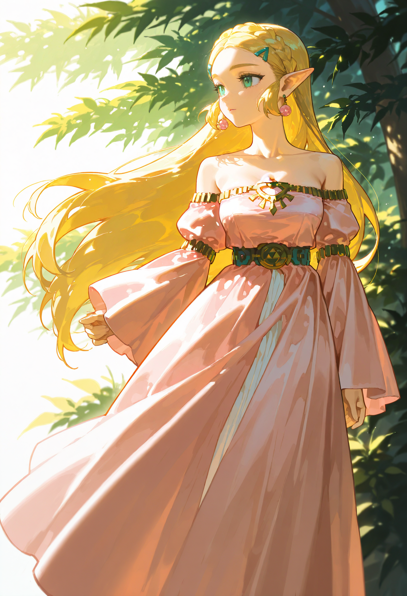 1girl, solo, princess_zelda, pink dress, long sleeves,wide sleeves,bare shoulders,