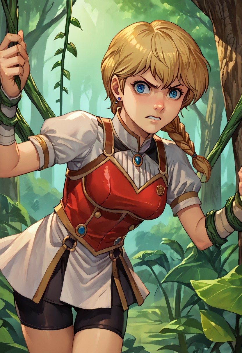 score_9, score_8_up, score_7_up, source_anime,
, (best quality) , (highly detailed) ,masterpiece ,absurdres ,detailed face ,beautiful face ,
<lora:pony_xl_Hildegard:0.8>,Hildegard,score_9,score_8_up,1girl,female,kawaii,solo,short hair,earrings blond hair
 armor, o-ring, short sleeves, gauntlet, skirt, bike shorts, asymmetrical legwear, greaves, red footwear, single braid, angry, looking at viewer, restrained, hanging, vines, carnivorous plant, outdoors, forest 
best quality, masterpiece, very aesthetic,
OverallDetail