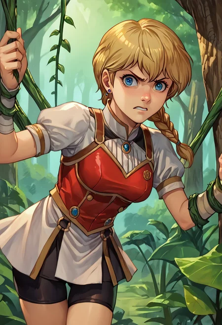 score_9, score_8_up, score_7_up, source_anime,
, (best quality) , (highly detailed) ,masterpiece ,absurdres ,detailed face ,beautiful face ,
<lora:pony_xl_Hildegard:0.8>,Hildegard,score_9,score_8_up,1girl,female,kawaii,solo,short hair,earrings blond hair
armor, o-ring, short sleeves, gauntlet, skirt, bike shorts, asymmetrical legwear, greaves, red footwear, single braid, angry, looking at viewer, restrained, hanging, vines, carnivorous plant, outdoors, forest
best quality, masterpiece, very aesthetic,
OverallDetail