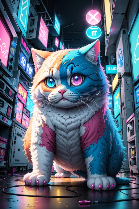 ((best quality, masterpiece, absurdres, super-resolution)),fat fluffy cat, playing, (Neon Glow), Cyan, Yellow, Magenta, <lora:CMYK-CORE_v1.0:0.8>