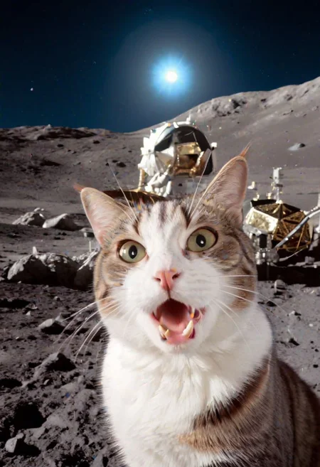 ASCII,masterpiece, hyper detailed, 8k, ray tracing, ultra sharp,
cinematic film still anime artwork, cfb ,close up of a surprised and shocked cat foreground, a mission apollo on the moon background, vibrant, highly detailed, shallow depth of field,,cinemascope, moody, epic, gorgeous, film grain, grainy,meme,parody,deep black sky,apollo_style