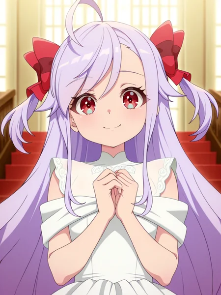 masterpiece, best quality, amazing quality, 1girl, solo, looking at viewer,
wedding dress,
anime coloring, <lora:Niizuma_Yae_SIRIUS-10:1>, Niizuma_Yae_SIRIUS, long hair, red eyes, hair bow, red ribbon, purple hair, two side up, ahoge, sidelocks, swept bangs, smile, hands together