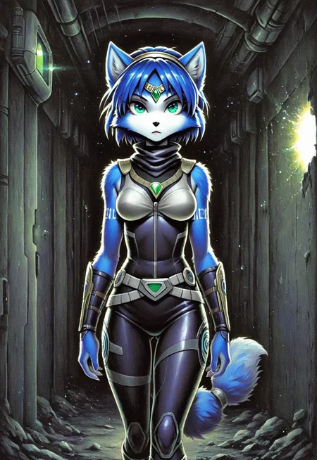 masterpiece,best quality,amazing quality,stalac, traditional media, solo, krystal, star fox, bodysuit, sleeveless, dark hallway, space colony, broken light, dim lighting