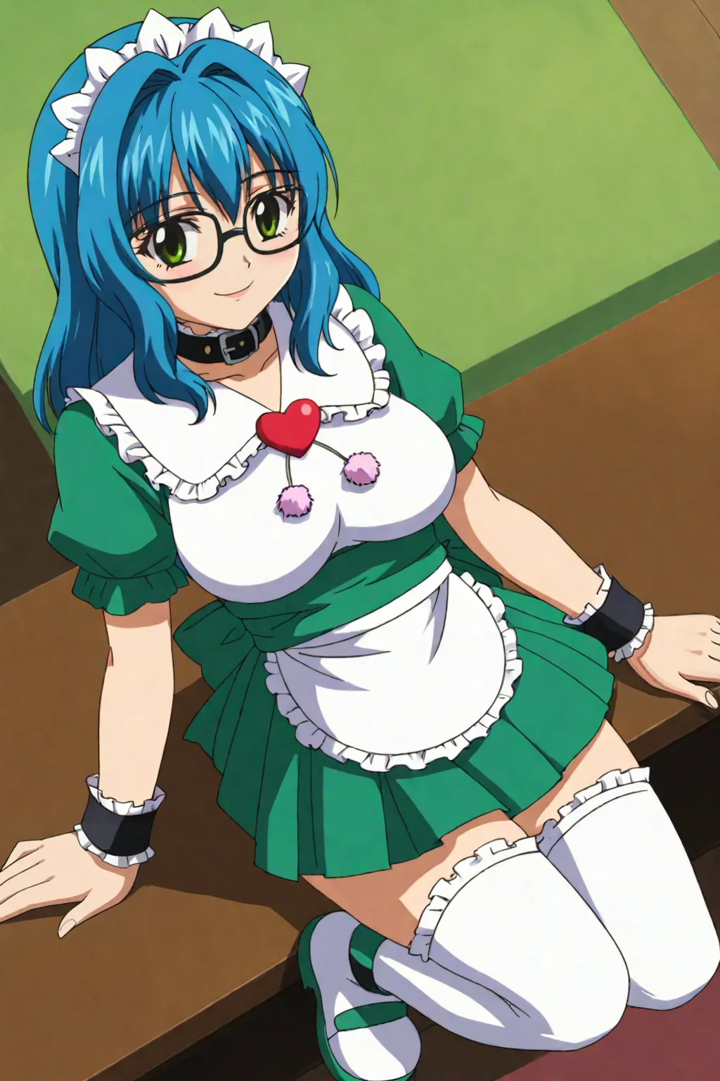 score_9, best, masterpiece, uncensored,
1girl, solo, smile,
KagamiHarue, maid headdress, waitress, pom pom (clothes), frilled white thighhighs, white with green accents ankle boots with pink heart, frilled cuffs, green sash with back ribbon, white frilled waist apron, black belt collar with white frills, frilled sailor collar with hearth brooch, green frilled puffy short sleeves, green pleated miniskirt with white frills, glasses,
blue hair,
<lora:FamiresSenshiPuddingKagamiHarueParfait_V3:0.8>​​​