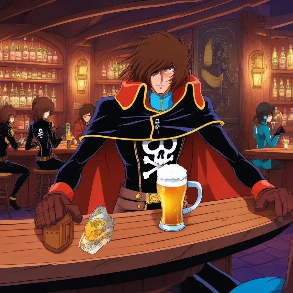 anime artwork a full body man, solo, cape, brown hair, scar, black gloves, having a beer in a spaceopera tavern<lora:Albator1024_r1:0.8> . anime style, key visual, vibrant, studio anime, highly detailed