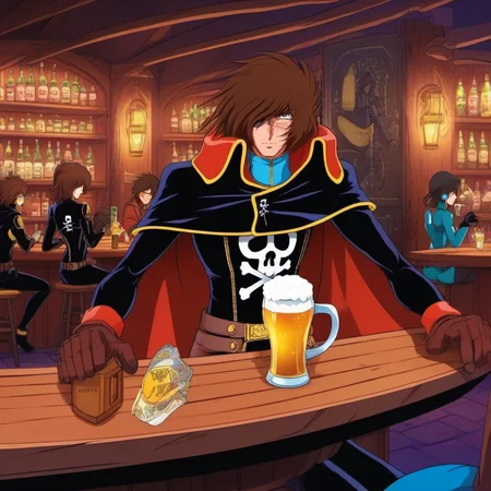 anime artwork a full body man, solo, cape, brown hair, scar, black gloves, having a beer in a spaceopera tavern<lora:Albator1024_r1:0.8> . anime style, key visual, vibrant, studio anime, highly detailed