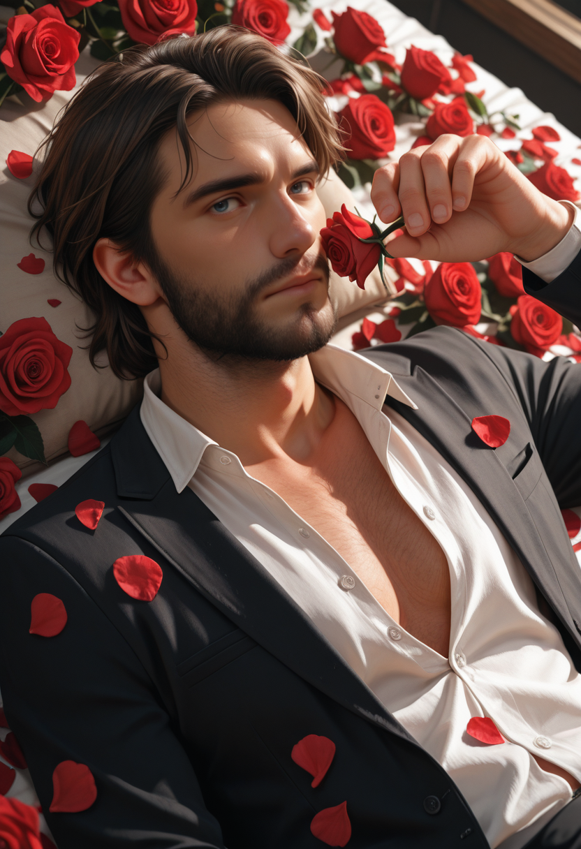 masterpiece, very aesthetic, best quality, absurdres, newest, solo,
<lora:ILDGDeek:1>
DGDeek, 1boy, male focus, brown hair, blue eyes, beard, looking at viewer, red flower, male focus, red rose, lying, white shirt, on back, long sleeves, rose petals, partially unbuttoned, black jacket, upper body, formal, open collar, black suit, bishounen, hand up, closed mouth, open clothes, open shirt, holding, unbuttoned shirt