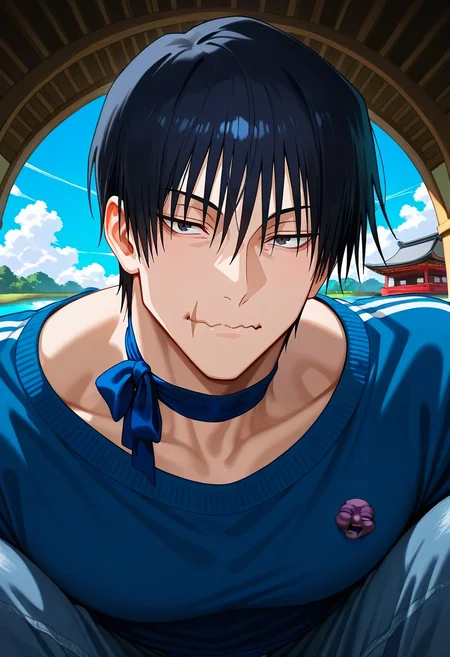 masterpiece, best quality, , , , 1boy, solo, male focus, <lora:touji_fushiguro_ilxl:1>, touji_fushiguro, black hair, black eyes, short hair, hair between eyes, bangs, monster, cursed spirit, scar on mouth, close-up, pond, arch, japanese architecture, day, clouds, victory pose, wavy mouth, Carpenter jeans, Zip-up track jacket, Suede sneakers, , Satin ribbon choker