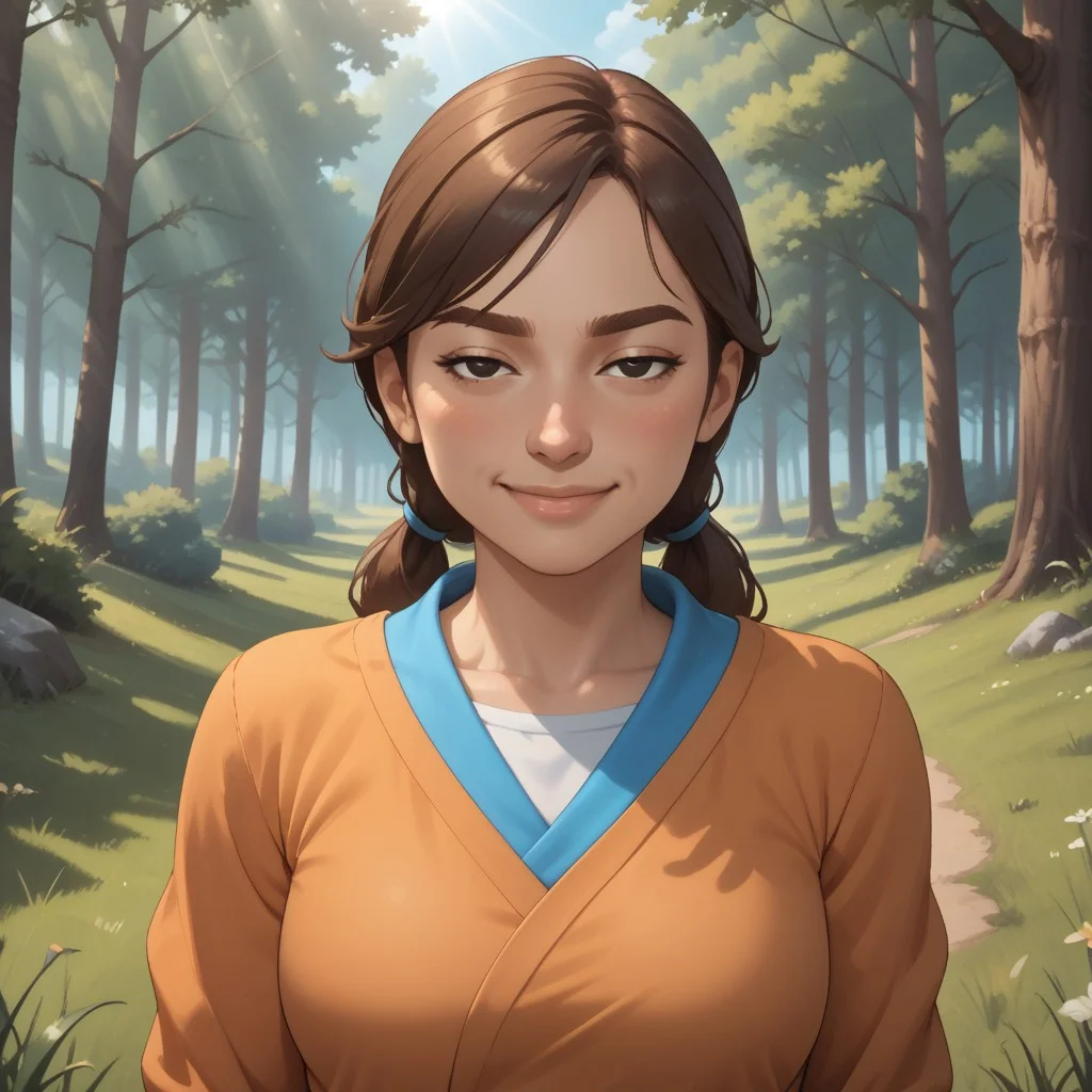 score_9, score_8, BREAK, solo, mii, wii, wii sports resort, female mii, 1girl, cute, brown hair, brown eyebrows, rectangle eyebrows, black eyes, sleepy eyes, half circle eyes, small nose, blush, :I, Hiromi_(\Wii_Sports_Resort\), breasts, Nintendo Mii, modern_mii, classic_mii, sexy pose, self portrait, smile, outdoors, sunlight, shadows, evening lighting, natural lighting, forest, trees, grass, orange sky, sunset