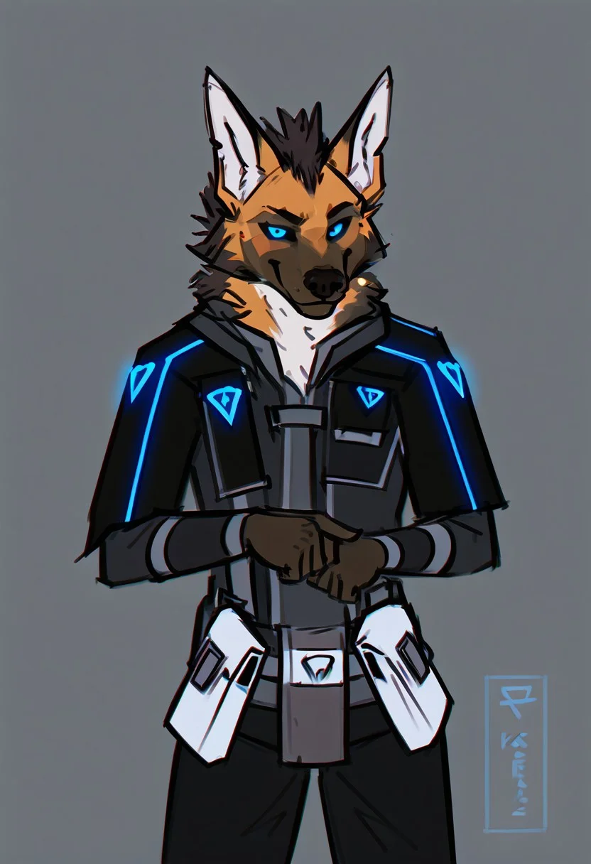 score_9, score_8_up, score_7_up, score_6_up, ((masterpiece)), (maned wolf, male), eyebrows, under-eye markings, face markings, sideburns, goatee, stern appearance, solo, anthro, perfectly rendered face, ((correct eyes)), dark grey background, interior, sci-fi, computers in background, silhouette, outline, solo focus, vignette, dim lighting, side lighting, pointing, looking left, smirk, edgy expression, (head tilt), portrait, standing, skinny, clothed, kemono, eastern clothing, dark clothing, dark hair, black sclera, blue eyes, black mohawk mane, face piercings, ear piercings, wintertide, blue insignia, glowing eyes, shoulderpad, armor, straps, buckles, pouches, zPDXL3