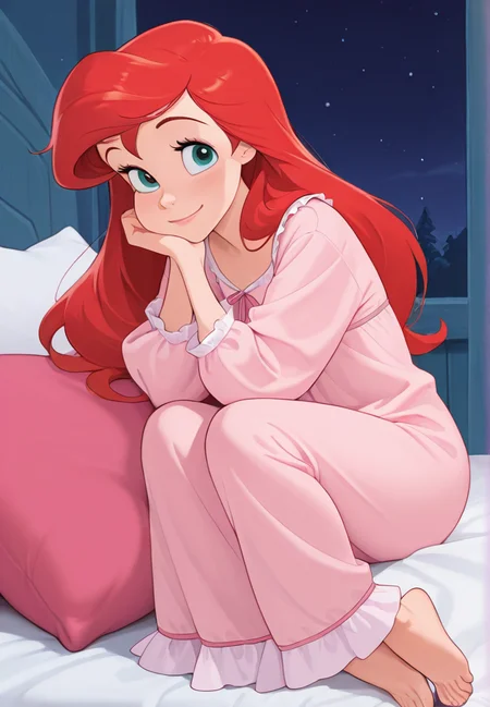masterpiece, best quality, amazing quality, very aesthetic, absurdres, newest, detailed background,
ariel, 1girl, solo, long hair, barefoot, red hair, smile, pillow, pajamas, sitting, nightgown, head rest, full body, closed mouth, looking at viewer
<lora:Ariel_-_Disney_Illustrious:1>, masterpiece, best quality, amazing quality, very aesthetic, absurdres, newest,