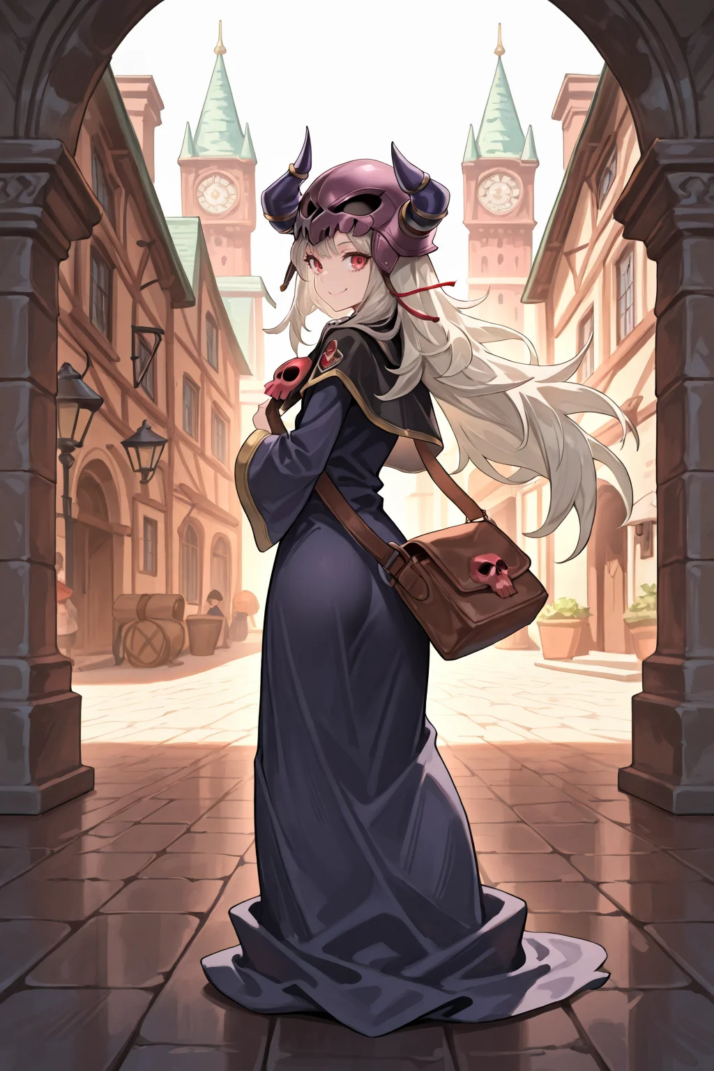 masterpiece, very aesthetic, absurdres, best quality, amazing quality, high resolution, <lora:illustrious_quality_modifiers_masterpieces_v1:0.8> , <lora:ChamIllustriousBackgroundEnhancer:0.5>, solo, <lora:NecromancerIL:0.8> , necdef, 1boy, red eyes, long hair, grey hair, skull, horned helmet, horns, fake horns, skull brooch, black capelet, robe, long sleeves, bag, full body, from behind, looking back, looking at viewer, smile, academy, medieval, wizard towers, exterior,
