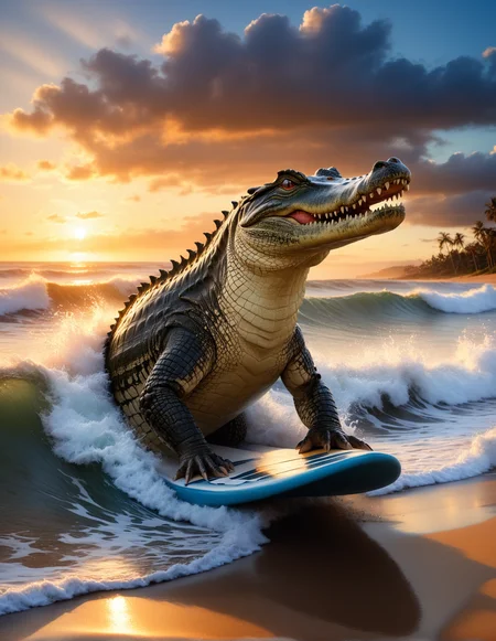 (RAW photo:2), (hyperrealisitic:2), (photorealistic:2), (realistic:2)
crocodile goes surfing wearing beach shirt, looking proud, heroic moment, sunset, wider shot, large waves, realistic shadows, fine details, ultra-quality, magical and mysterious ambiance, dutch angle,
<lora:Low-key lighting Style:1> Low-key lighting Style, dim light, low light, dramatic light, partially covered in shadow