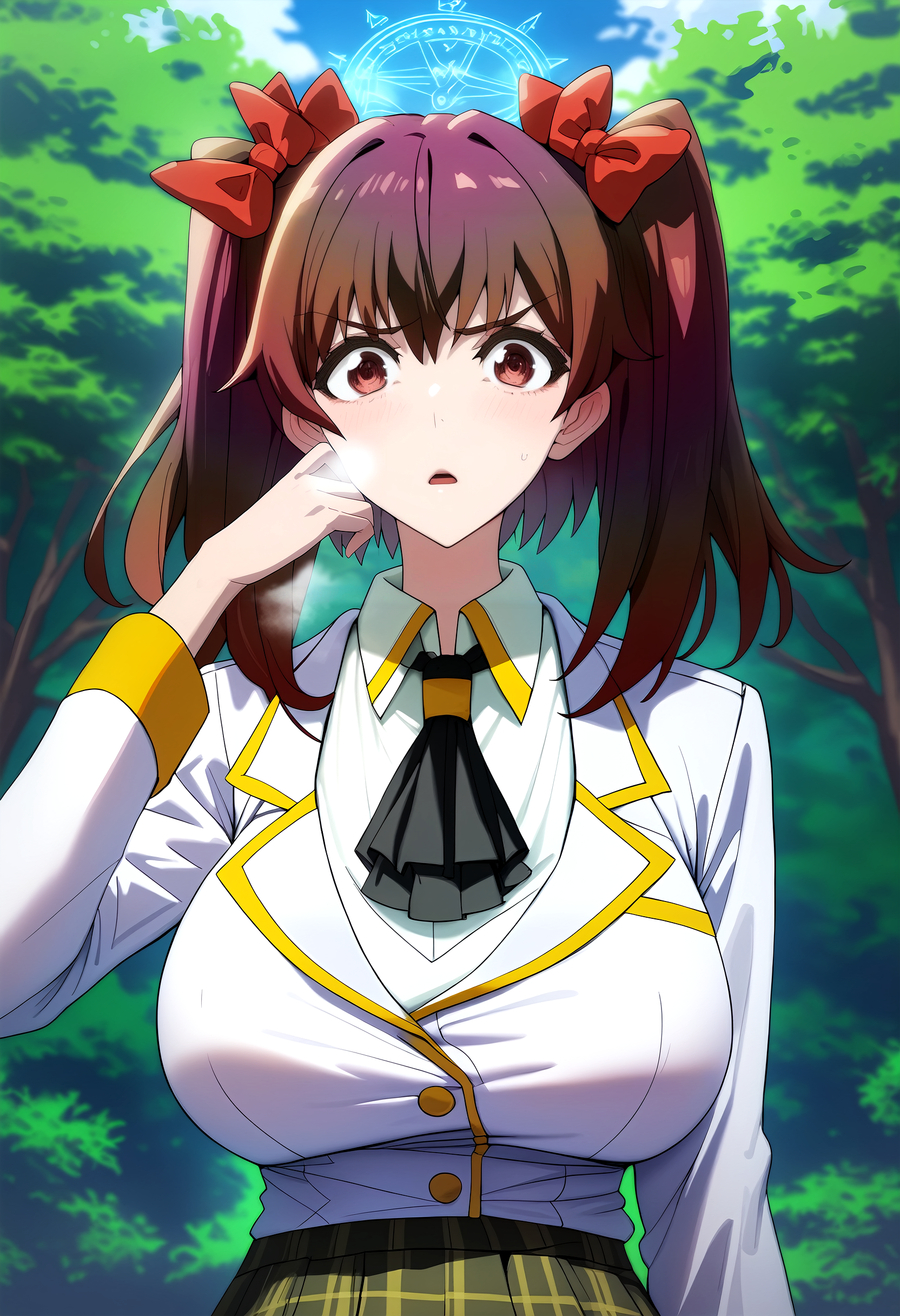 score_9, score_8_up, score_7_up, score_6_up, source_anime, rating_explicit, <lora:neg4all_bdsqlsz_V3.5:2.0>1girl, (solo:1.1), huge breasts, <lora:Romantica Eruponyxl:1> brown hair, twintails, brown eyes, hair bow, long hair, red bow, school uniform, white jacket, white shirt, collared shirt, black ascot, long sleeves, pleated skirt, plaid skirt, serious, open mouth, Narrow shoulders, heavy breathing, steaming body, forest, outdoors, looking at viewer, magic circle, casting spell, hand up