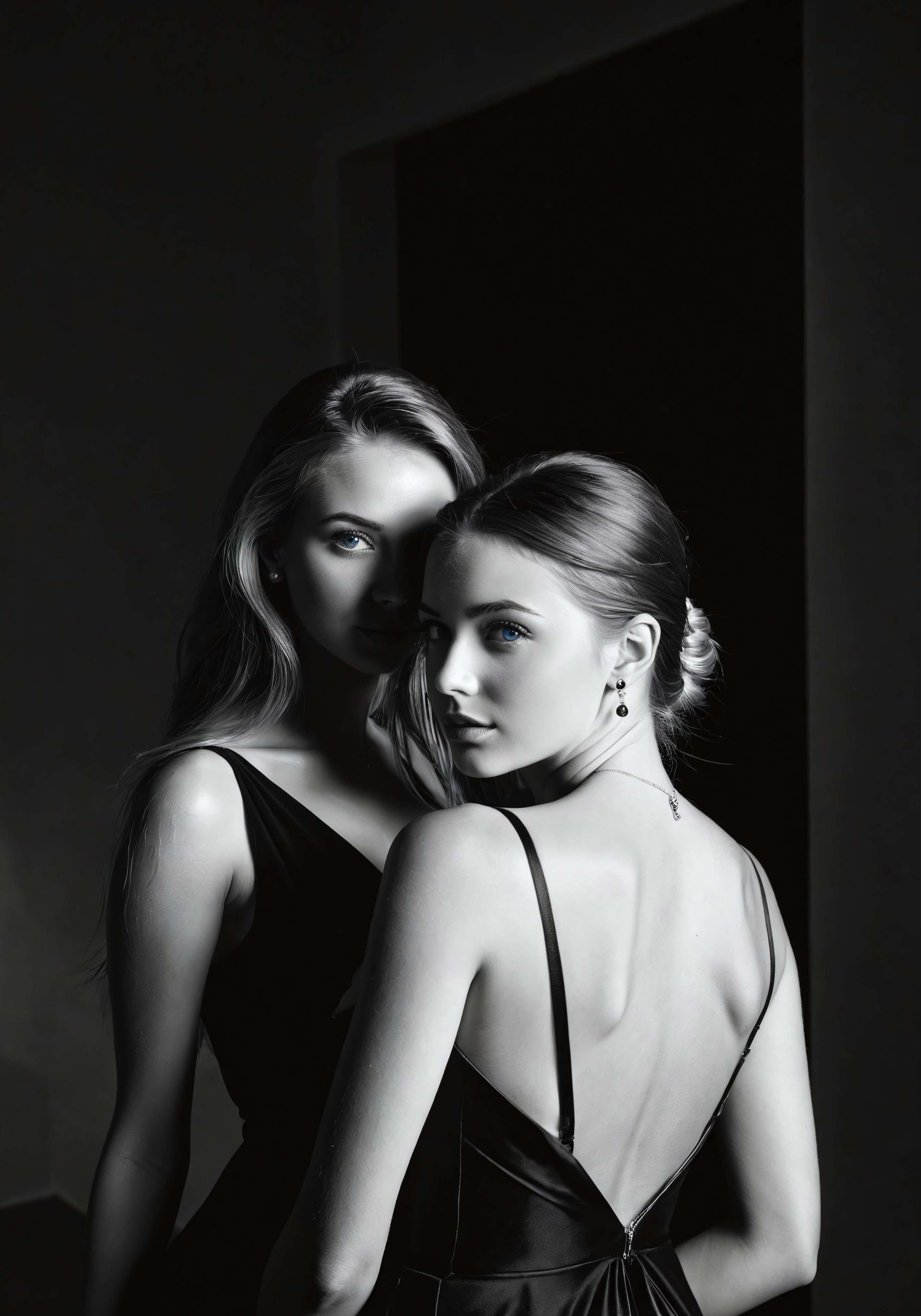 Ultrarealistic, photorealistic, realistic, 8k, HDR, masterpiece.
The black background of the dark room, a lone ray of light falling from above highlights the scene of two girls embracing each other. One is standing with her back to us in a black evening dress with a deep neckline on the back. Over her shoulder we can see the beautiful face of the other girl with (piercing blue eyes: 1). Black and white artistic photo with one bright element attracting the viewer's attention.