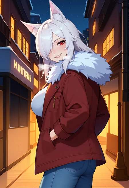 score_9, score_8_up, score_7_up, anime screencap, source_anime, 1girl, solo,
<lora:Discordia_V1:.85>, KJOdiscordia, long hair, white hair, red eyes, hair over one eye, animal ears,
Fur coat, heavy coat, jeans, 
standing, light smile, teeth, hands in pockets, head tilt, blush, heavy breathing, from side, looking back, head tilt, 
Night, city, winter, snow,
(Beautiful, large  Breasts:1.2), natural breasts,