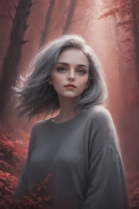 cosmic canvas, red forest background, painting of a beautiful woman,Sweater_, long asymmetrical hair, Steel gray hair, <lora:Cosmic_Canvas_SDXL:1>