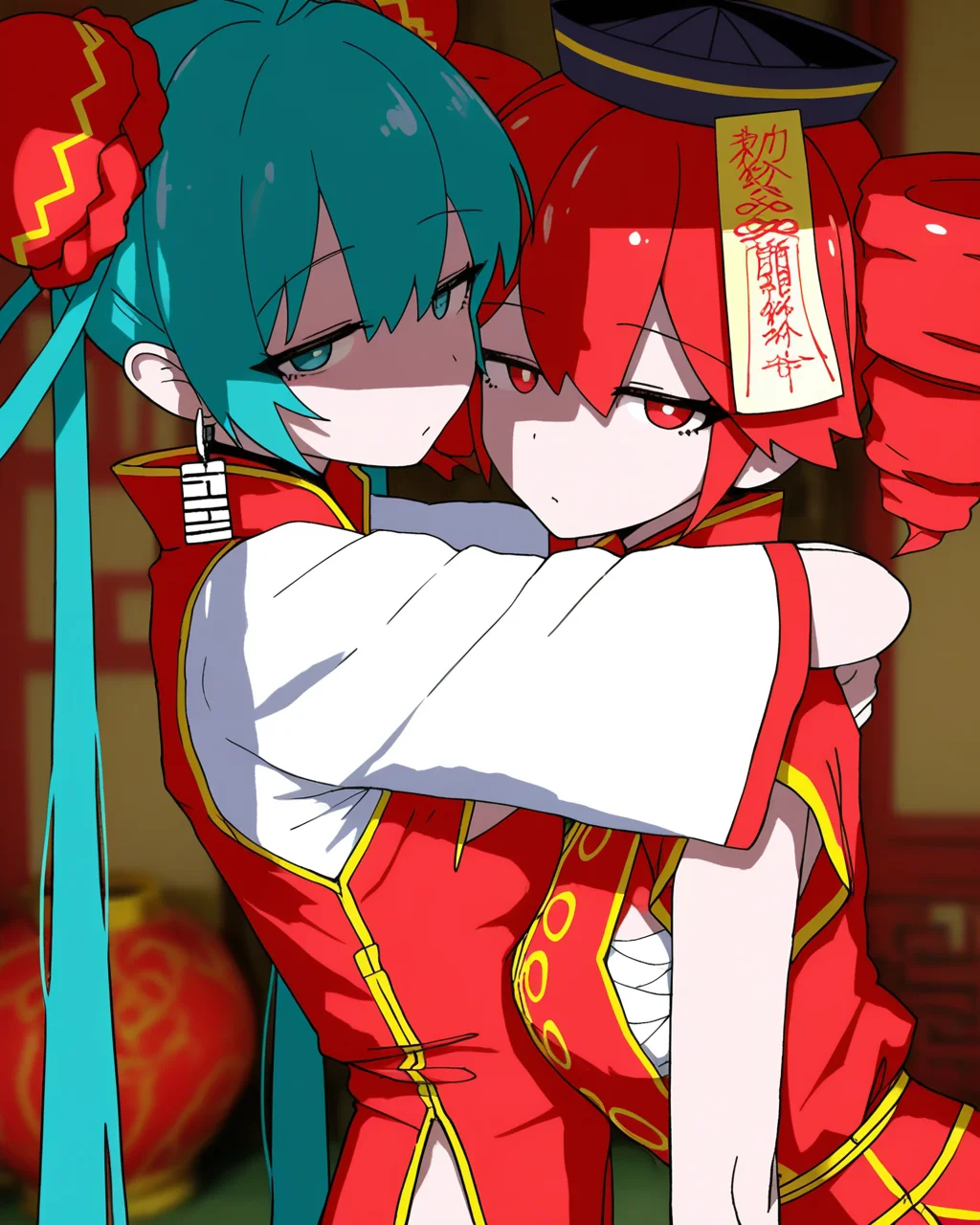 best quality, highres, masterpiece, very awa, newest, 2024,indoors, shade, realistic, blurry background,
2girls, chinamiku, hatsune miku, half-closed eyes, chinese clothes, red dress, cleavage cutout, large breasts,
chinateto, kasane teto, black hat, ofuda, red vest, white shirt, hip vent, from side, looking at viewer, hug, side slit,
<lora:odochina-000010:.8>
<lora:745cmSDXLvpred75S:1> 748cmstyle