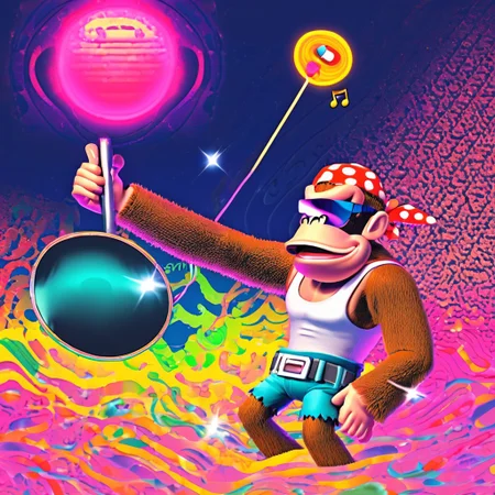 funky_kong, white tank top, belt, denim shorts, easynegative, synthwave-galaxy, party, discotheque, club, funky_kong dj'ing, dj, music