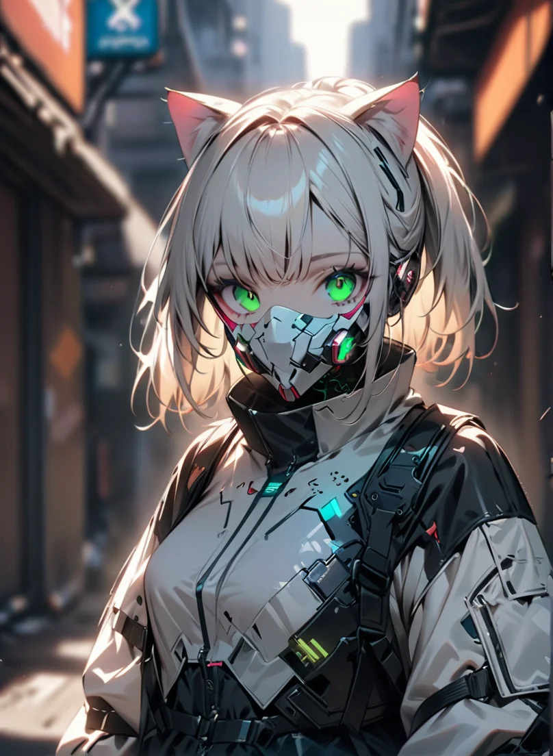 masterpiece,high resolution,shadow detail,natural light,
techwear,
1girl, solo, , blurry background, cyberpunk, looking at viewer,,cat ears,white clothes,front view,robot mask
<lora:TechWearXL:0.8>