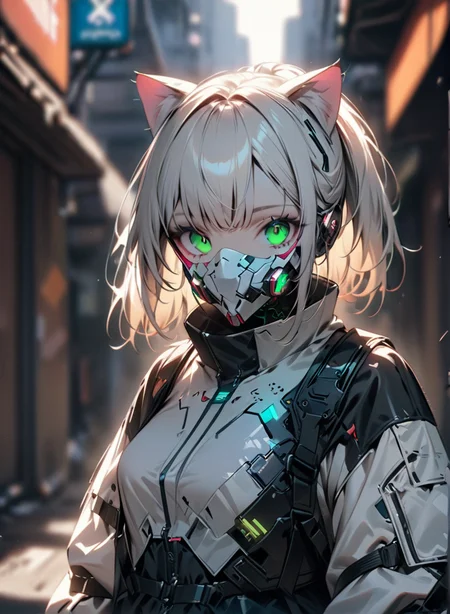 masterpiece,high resolution,shadow detail,natural light,
techwear, 
 1girl, solo, , blurry background, cyberpunk, looking at viewer,,cat ears,white clothes,front view,robot mask
 <lora:TechWearXL:0.8>