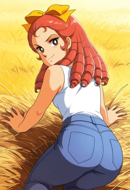 1girl, solo, Eliza_Leagan, shiny red hair, brown eyes, Edwardian ringlets hair, drill hair, hair bow, yellow bow on top, high resolution, more details, 8k quality, score_9, score_8_up, score_7_up, masterpiece, best quality, official art, official style, very aesthetic, absurdres, source_anime, perfect anatomy, 1980s (style), hanging eyes, proportions, anatomically correct, perfect hands, perfect fingers, high resolution, more details, 8k quality, best quality, from behind, back shot, rear shot, looking back, tight jeans, white sleeveless t-shirt, hay field as background, smiling,