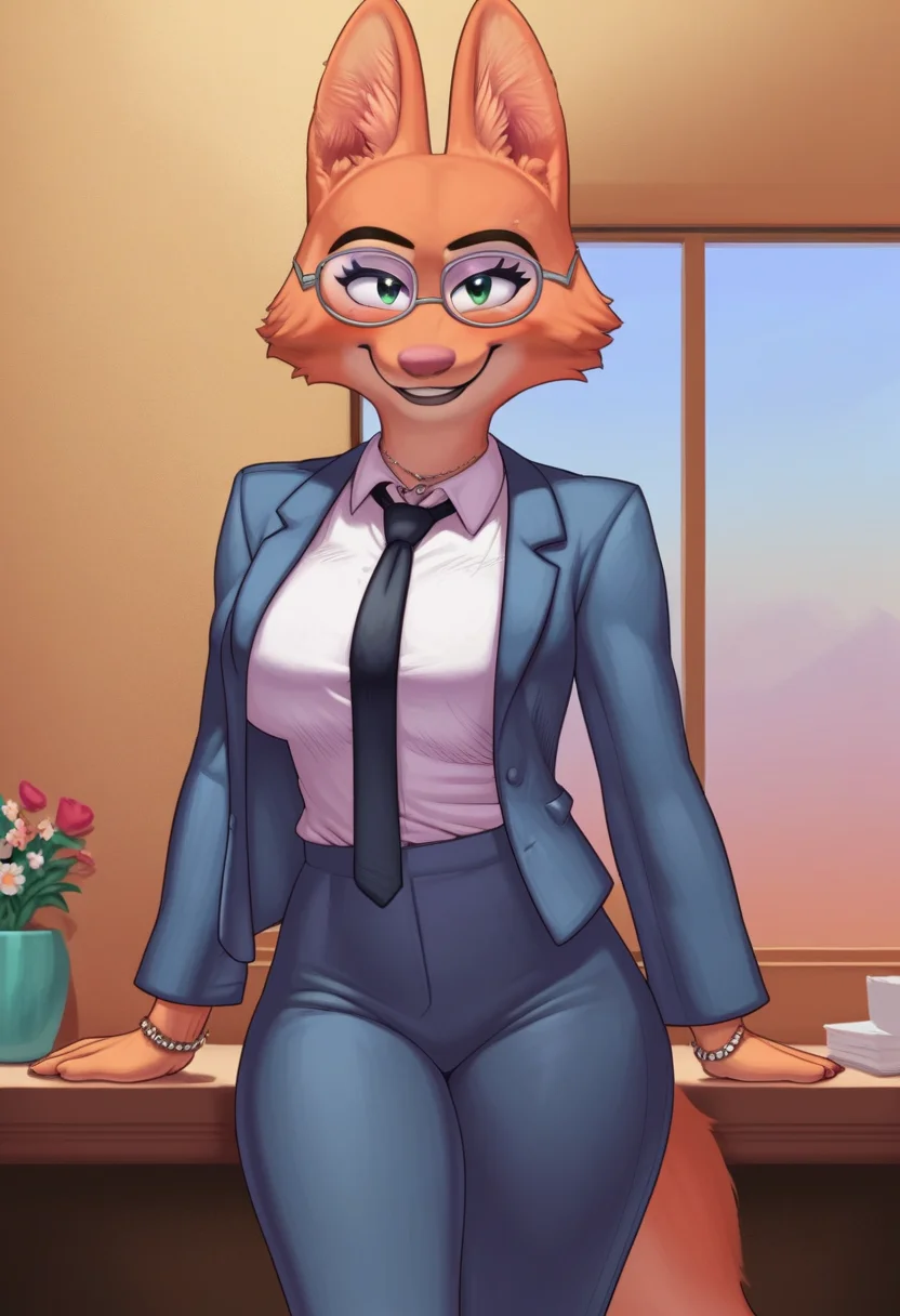 zPDXL, score_9,score_8_up,score_7_up,_up,source_cartoon, best quality, amazing quality, masterpiece, 1girl, looking at viewer, solo, fullbody, cute, blush, smile, <lora:DianeFoxington:0.8>, diane foxington, green eyes, orange fur, fox girl, fox tail, jewelry, bracelet, formal, white shirt, collared shirt, jewelry, glasses, suit, jacket, long sleeves, black necktie, pants, clevage, office, flower, table, contour_deepening,depth of field,looking at viewer,huge filesize,wallpaper, (flat color), huge breasts, meesh, <lora:Meesh:1>