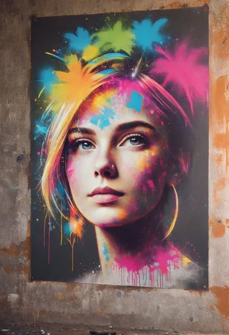 A color poster of a graffiti wall with spray tint on her head,portrait of a woman, upperbody, minimalist, with dynamic movement and bold colors,ral-firworx
