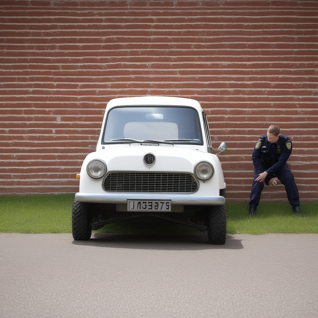 brick wall, outdoors, car, motor vehicle, grass, road, boots, reflection, police, simple background, open door, vest