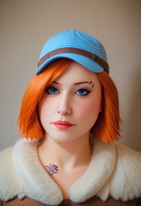 Portrait, score_9, score_8_up, score_7_up, score_6_up, score_5_up, score_4_up,
<lora:AlienorXL:0.8> AlienorXL, solo,
1girl, redhair, freckles, <lora:PerfectEyesXL:0.8> perfecteyes, blue eyes,  Eyebrow powder, Patterned Tights, Barbarian fur top, Costume Cap,Embossed Armor, Monroe piercing, Inside the ankle tattoo, 3Dimensional Tattoo, Elation expression, full random characters/pose/moovie poses, Light patterns in the background , Chiaroscuro lighting,Close up , Pastel Saturation, <lora:Photo 2 Style SDXL_LoRA_Pony Diffusion V6 XL:0.8> raw, photo, realistic,  <lora:add-detail-xl:1> <lora:EnvyBetterHiresFixXL01:1> <lora:RMSDXL_Creative:1> <lora:xl_more_art-full_v1:0.8>