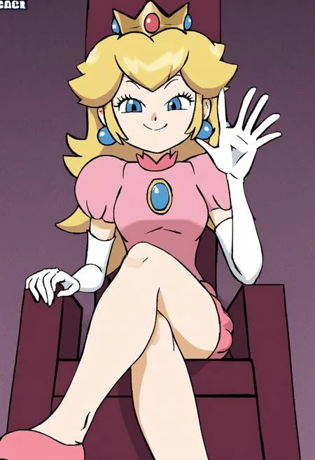 1girl, princess peach, sitting on throne, legs crossed, waving at viewer, smug, smile, WTD, Flat colors, crude lines, thick lines