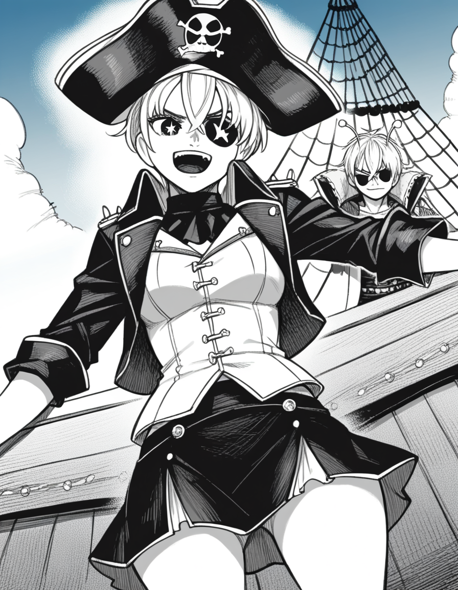 score_9, score_8_up, score_7_up, source_anime, <lora:vamola-manga-ponyxl-lora-nochekaiser:1>, vamola, short hair, bangs, hair between eyes, symbol-shaped pupils, antennae, star-shaped pupils, monochrome, greyscale, medium breasts,, <lora:pirate-costume-ponyxl-lora-nochekaiser:1>, pirate costume, pirate hat, skirt, gloves, jacket, shirt, eyepatch,, blue sky, sea, ocean, pirate ship, treasure, gold, smug, open mouth, from below, sitting,, , dutch angle, cowboy shot
