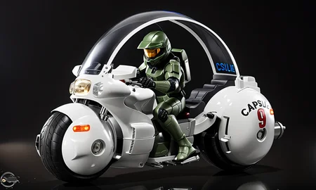 master chief driving large round motorcycle with a windshield, spherical, best quality, highly detailed, bokeh, <lora:cap9motosdxl:0.8>, black simple background, text "Capsule 9"