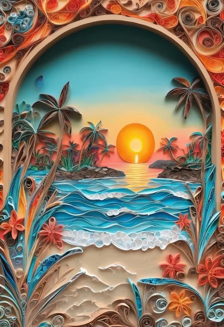 Stunning Art Piece Combining Paper Quilling, Layered Paper And punchy colors Oil Painting , of a beach with a turquoise ocean on a sunny day, devoid of any human presence