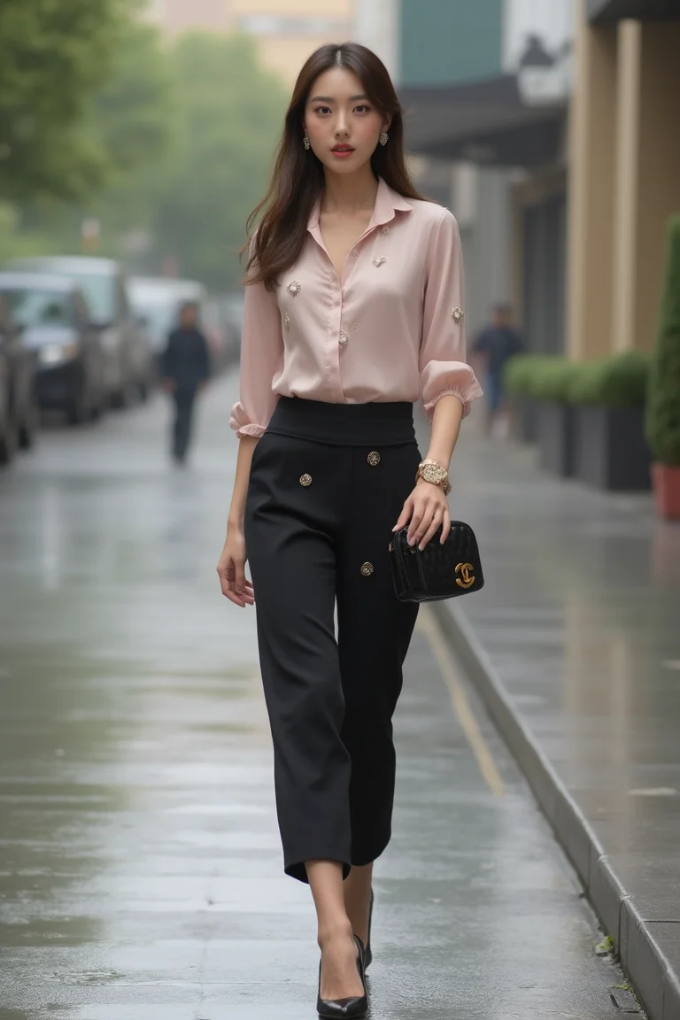 [12]Realistic photograph, A 20-year-old elegant and sophisticated city woman is wearing a luxury silk blouse and high-waisted pants. The pastel-toned blouse features metallic details, and the pants fall neatly just above the ankles. She pairs black stiletto heels with a designer mini bag, accessorized with diamond earrings of chanel logo and a slim gold watch. Her look is completed with natural wavy hair and neutral-toned makeup, exuding refined city style. full body, looking at viewer, upper body, leg open, standing, rainy playgroun, sittting, 