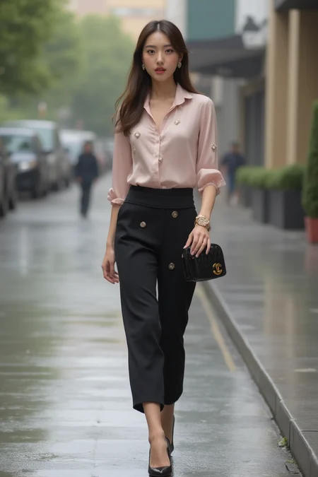 [12]Realistic photograph, A 20-year-old elegant and sophisticated city woman is wearing a luxury silk blouse and high-waisted pants. The pastel-toned blouse features metallic details, and the pants fall neatly just above the ankles. She pairs black stiletto heels with a designer mini bag, accessorized with diamond earrings of chanel logo and a slim gold watch. Her look is completed with natural wavy hair and neutral-toned makeup, exuding refined city style. full body, looking at viewer, upper body, leg open, standing, rainy playgroun, sittting, 