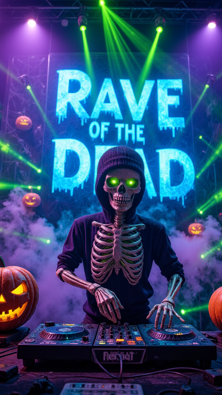 Skeleton DJ at a Haunted Rave: The skeleton DJ is spinning records on a glowing neon green and purple stage, surrounded by fog and lasers cutting through the air. The backdrop pulses with glowing spider webs and eerie pumpkins, and behind him, the words "Rave of the Dead" flicker in electric blue, perfectly in sync with the haunting beat  ,   , , aidmamjv7