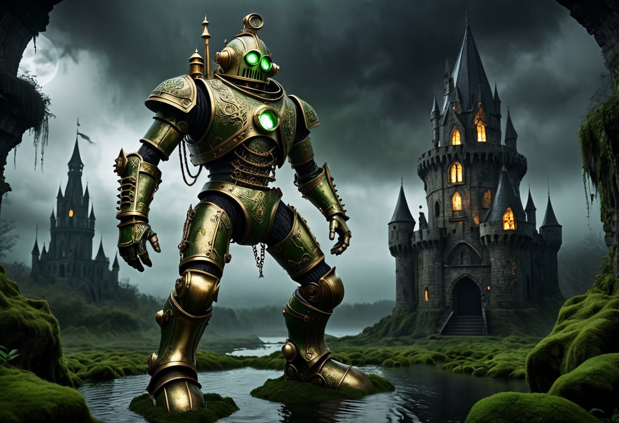giant bipedal robot brass and dirty green
 striped paint, bronze paisley robot. lacy robot metal. diving helmet torso head. outside of a steampunk keep. large detailed torso. dark image. one forty foot tall ancient robot with great arms and two heavy spring legs. dark foggy night background. $dark foggy night image only. dark photo realistic image. steampunk details. cogs, chains and pipes incorporated in the fantasy buildings. magic wizards tower in background. Dark swamp, moss, castle ruins, wizards tower. stormy dark night. stormy sky. rain.
