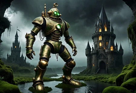 giant bipedal robot brass and dirty green
striped paint, bronze paisley robot. lacy robot metal. diving helmet torso head. outside of a steampunk keep. large detailed torso. dark image. one forty foot tall ancient robot with great arms and two heavy spring legs. dark foggy night background. $dark foggy night image only. dark photo realistic image. steampunk details. cogs, chains and pipes incorporated in the fantasy buildings. magic wizards tower in background. Dark swamp, moss, castle ruins, wizards tower. stormy dark night. stormy sky. rain.