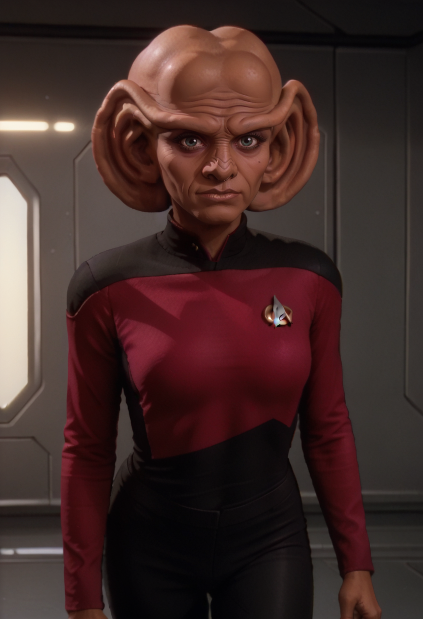 score_8_up, 1girl, ferengi, ferengi female, big ears, bald, , brow ridge, nose markings, looking at viewer,  dark skin,  sttng1, star trek, red uniform, black shoulders, black pants <lora:Ferengi-07:0.7>  <lora:STTNGponyStrong:1>