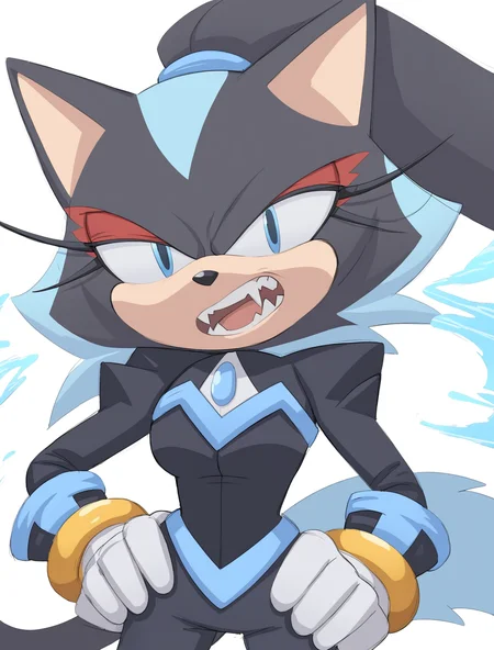 score_9, score_8_up, score_7_up, solo, BREAK, 1girl,
<lora:Blizzardthecat:1>, blizzard, cat, eyelashes, makeup, tail, blue eyes, black pupils, black fur, light blue fur, white gloves, black bodysuit, eyeshadow, standing, hands on hips, angry, looking at viewer, showing teeth, fangs, white background