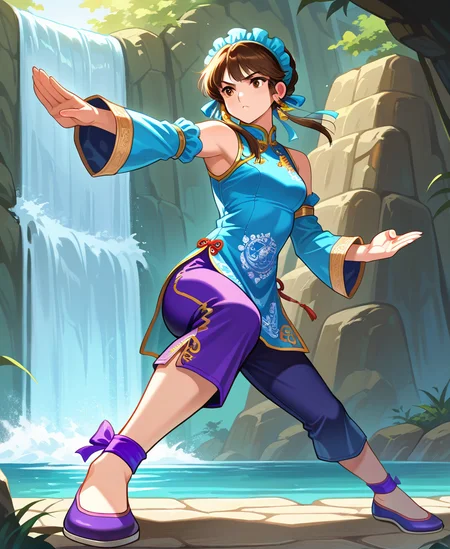 (masterpiece:1.3), (high quality:1.3),(1girl: xianghua-sc2,brown hair,short hair,brown eyes, long sidelocks,aqua headdress,mandarin collar,gold earrings,aqua china clothes,aqua detached sleeves,purple capri pants,purple ankle bow,purple shoes,kung fu, ),waterfall, <lora:chai_xianghua:1>