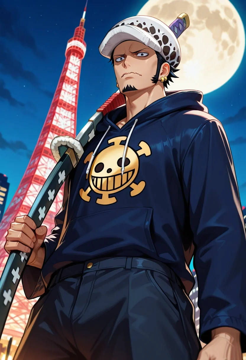 masterpiece, best quality, , (realistic:0.6), , 1boy, solo, male focus, <lora:law_trafalgar_ilxl:0.92>, law_trafalgar, black hair, black eyes, short hair, facial hair, sideburns, long sideburns, goatee, hat, earrings, , weapon, sword, sheathed, holding weapon, from below, tokyo tower, night, full moon, singing, wavy mouth, closed mouth, zombie hunter costume