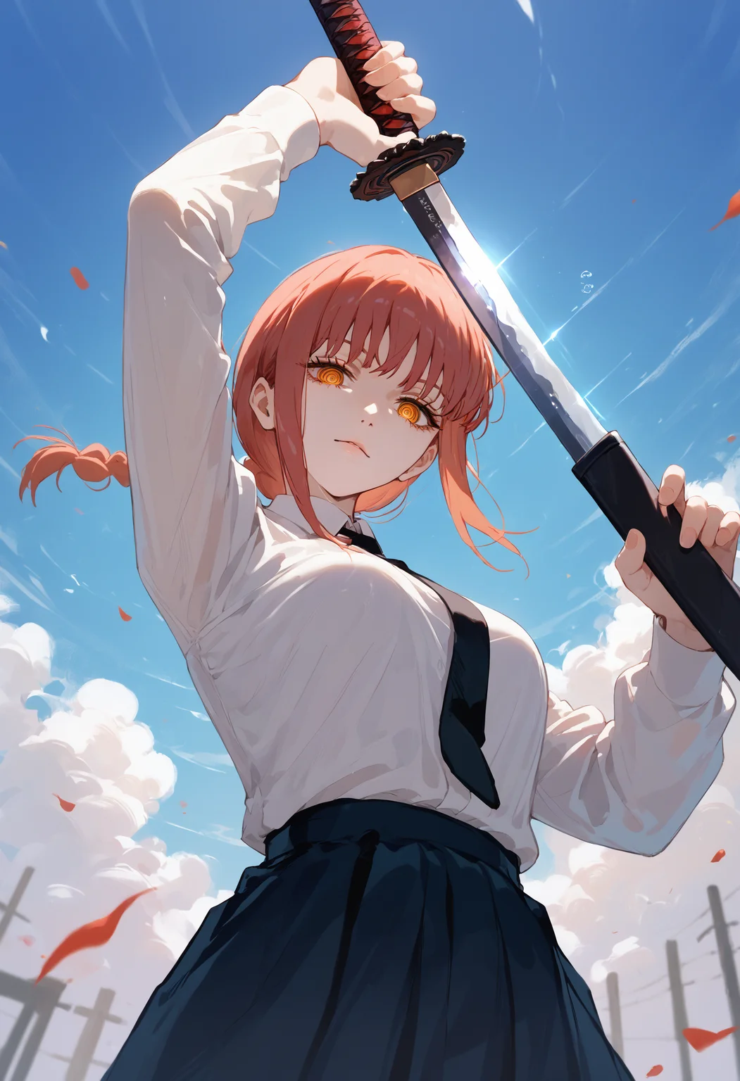 score_9, score_8_up, score_7_up, 1girl, holding sword unsheathing, makima \(chainsaw man\), from below, looking at viewer
<lora:unsheathing_2_final:1>