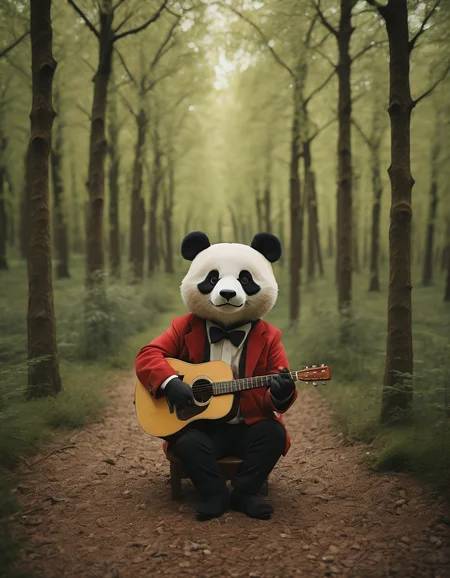 cinematic photo a happy panda playing guitar in a forest, 35mm photograph, film, bokeh, professional, highly detailed, 4k, uhd, masterpiece