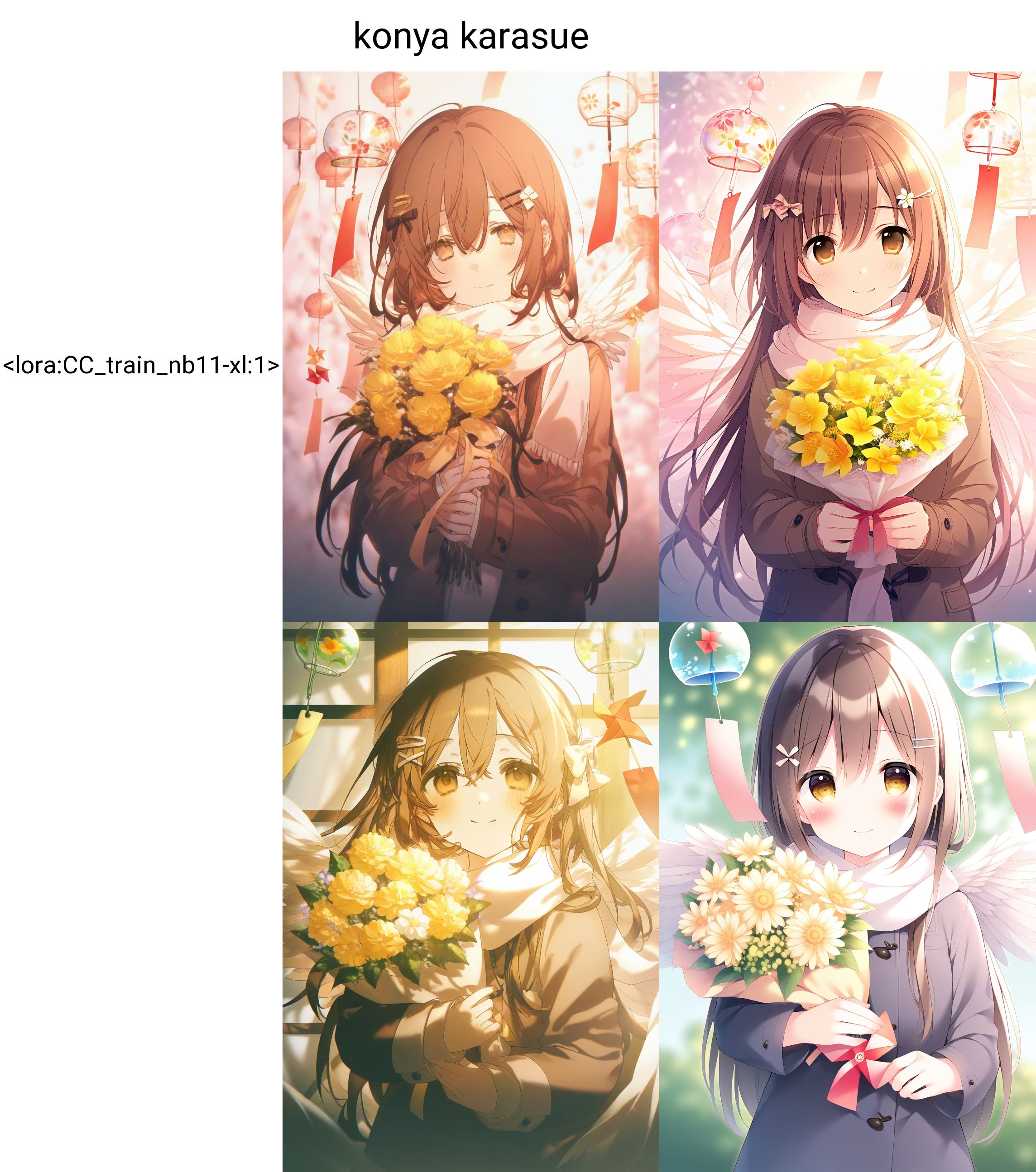 1girl, solo, flower, long hair, hair ornament, brown hair, white scarf, holding, hairclip, smile, scarf, looking at viewer, wings, upper body, brown eyes, long sleeves, wind chime, hair between eyes, bow, hair bow, bouquet, closed mouth, yellow flower, coat, pinwheel, jacket,<lora:CC_train_nb11-xl:1>konya karasue,, masterpiece,best quality,amazing quality,very aesthetic,absurdres,newest,
